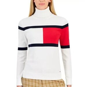 Tommy Hilfiger Sweater Womens L Stella Logo Turtleneck Colorblock Knit Pullover